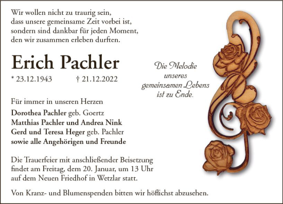 Traueranzeige von Erich Pachler von Wetzlarer Neue Zeitung