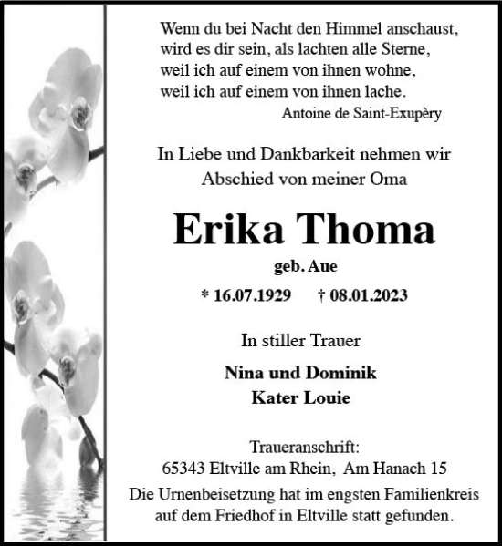 Traueranzeige von Erika Thoma von Wiesbadener Kurier gesamt