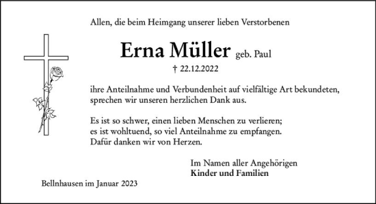 Traueranzeige von Erna Müller von Hinterländer Anzeiger