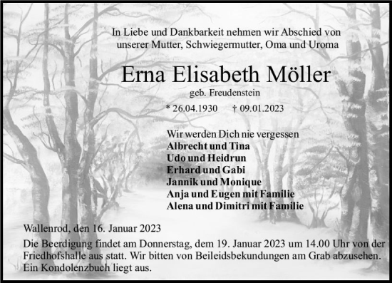Traueranzeige von Erna Elisabeth Möller von VRM Trauer