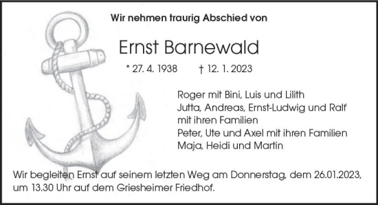 Traueranzeige von Ernst Barnewald von Darmstädter Echo