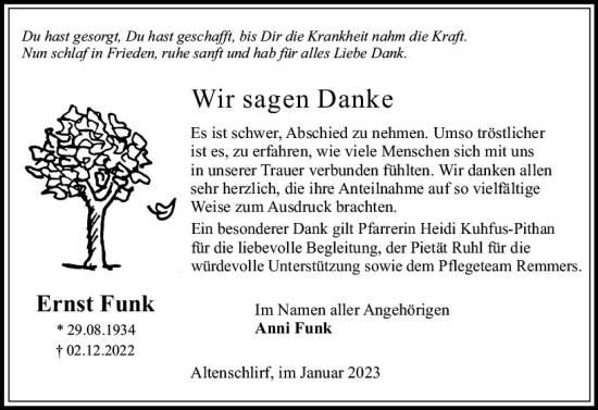 Traueranzeige von Ernst Funk von OK Oberhessen Kurier