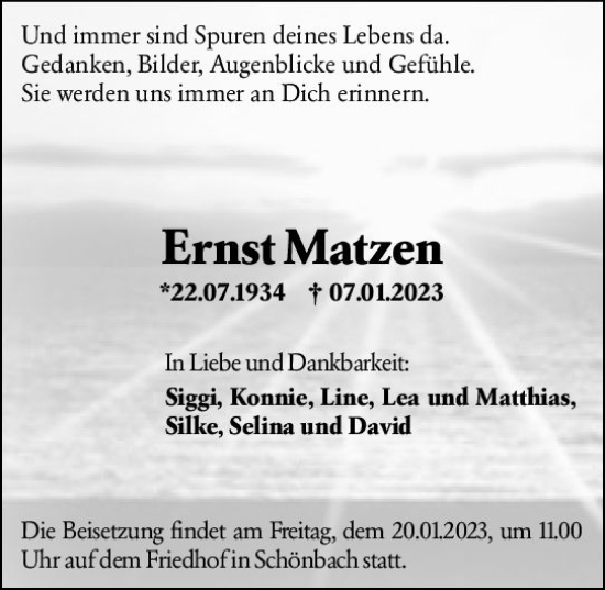 Traueranzeige von Ernst Matzen von Dill Block
