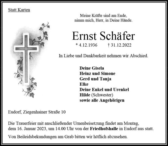 Traueranzeige von Ernst Schäfer von VRM Trauer