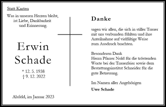 Traueranzeige von Erwin Schade von OK Oberhessen Kurier