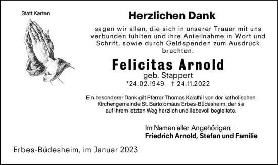 Traueranzeige von Felicitas Arnold von Allgemeine Zeitung Alzey