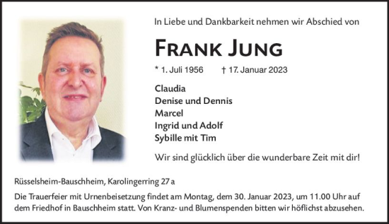 Traueranzeige von Frank Jung von Rüsselsheimer Echo