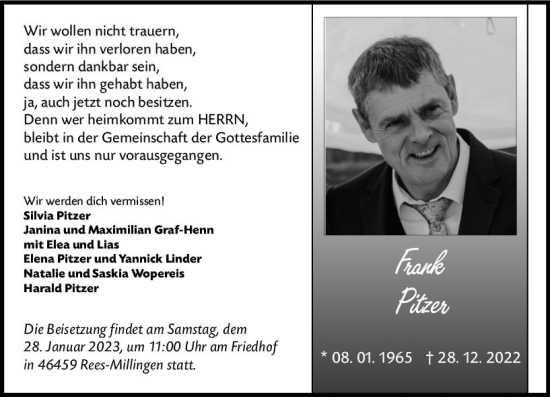 Traueranzeige von Frank Pitzer von Hinterländer Anzeiger