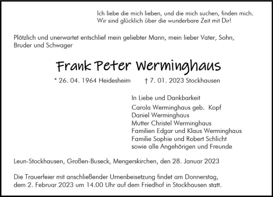 Traueranzeige von Frank Peter Werminghaus von Wetzlarer Neue Zeitung