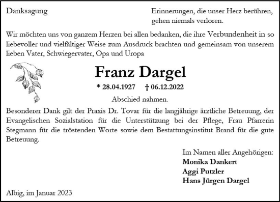 Traueranzeige von Franz Dargel von Allgemeine Zeitung Alzey