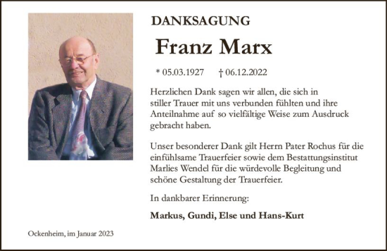 Traueranzeige von Franz Marx von Allgemeine Zeitung Ingelheim-Bingen