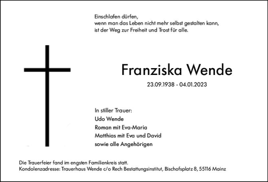 Traueranzeige von Franziska Wende von Allgemeine Zeitung Mainz