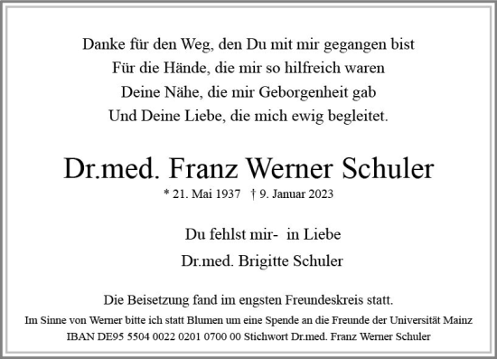Traueranzeige von Franz Werner Schuler von Wiesbadener Kurier gesamt