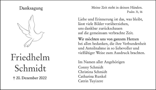 Traueranzeige von Friedhelm Schmidt von Hinterländer Anzeiger