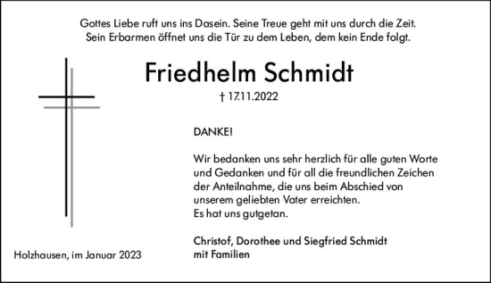 Traueranzeige von Friedhelm Schmidt von Hinterländer Anzeiger