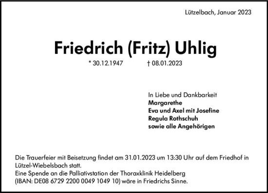 Traueranzeige von Friedrich Uhlig von Odenwälder Echo