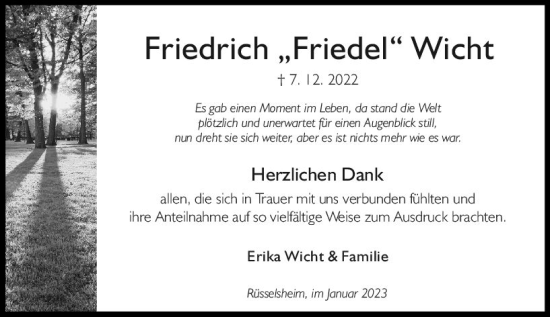 Traueranzeige von Friedrich Wicht von Rüsselsheimer Echo