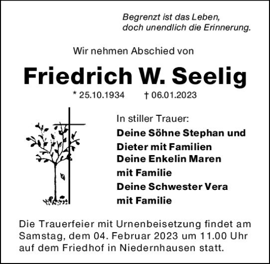 Traueranzeige von Friedrich W. Seelig von Darmstädter Echo