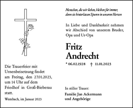 Traueranzeige von Fritz Andrecht von Darmstädter Echo