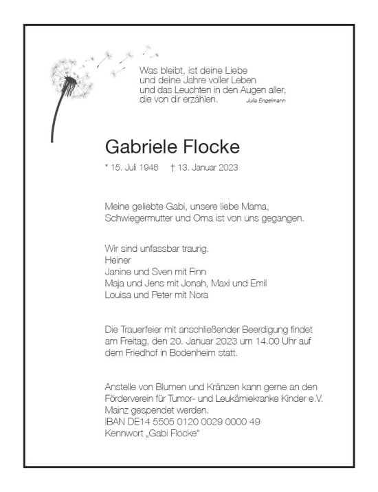 Traueranzeige von Gabriele Flocke von Allgemeine Zeitung Mainz