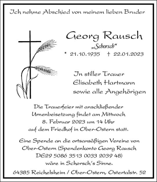 Traueranzeige von Georg Rausch von Odenwälder Echo
