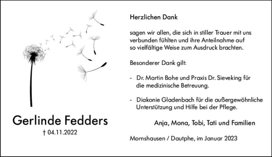 Traueranzeige von Gerlinde Fedders von Hinterländer Anzeiger