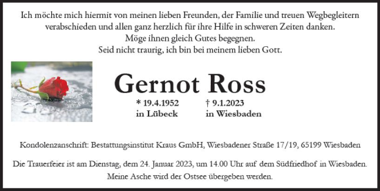 Traueranzeige von Gernot Ross von Wiesbadener Kurier gesamt