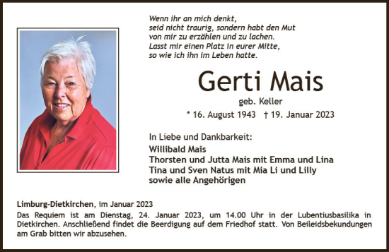 Traueranzeige von Gerti Mais von Nassauische Neue Presse