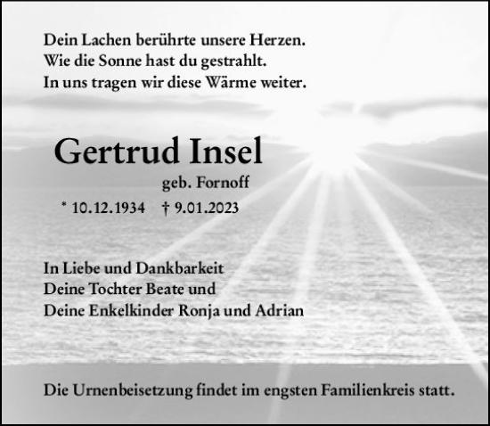 Traueranzeige von Gertrud Insel von Darmstädter Echo