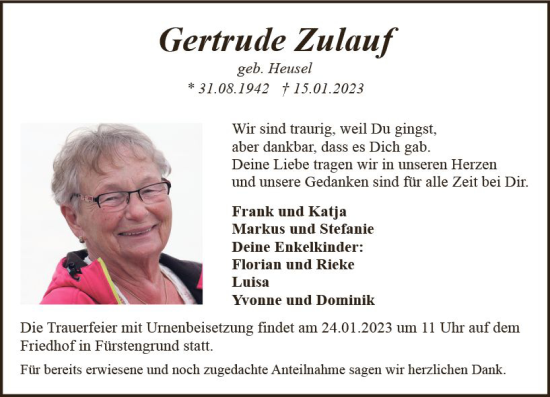 Traueranzeige von Gertrude Zulauf von Odenwälder Echo