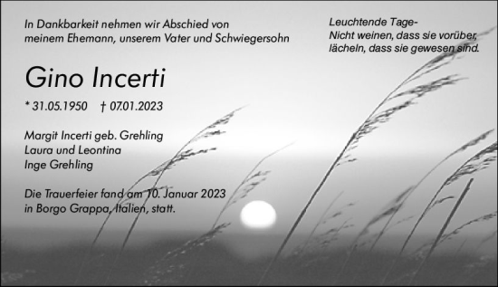 Traueranzeige von Gino Incerti von Wetzlarer Neue Zeitung