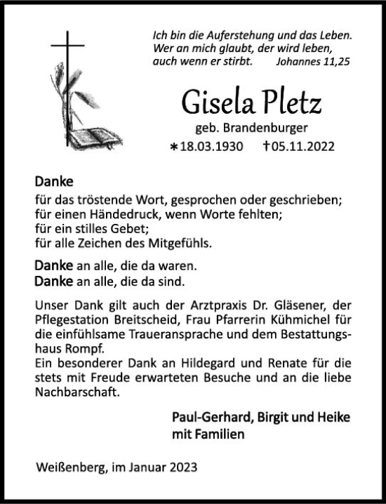 Traueranzeige von Gisela Pletz von Dill Block