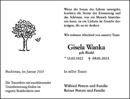 Traueranzeige von Gisela Wanka von Hinterländer Anzeiger