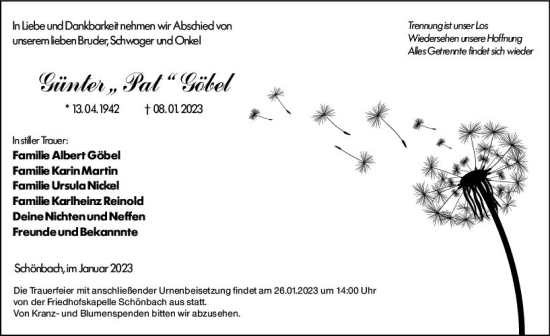 Traueranzeige von Günter Göbel von Dill Block