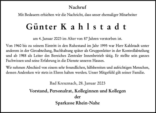 Traueranzeige von Günter Kahlstadt von Allgemeine Zeitung Bad Kreuznach