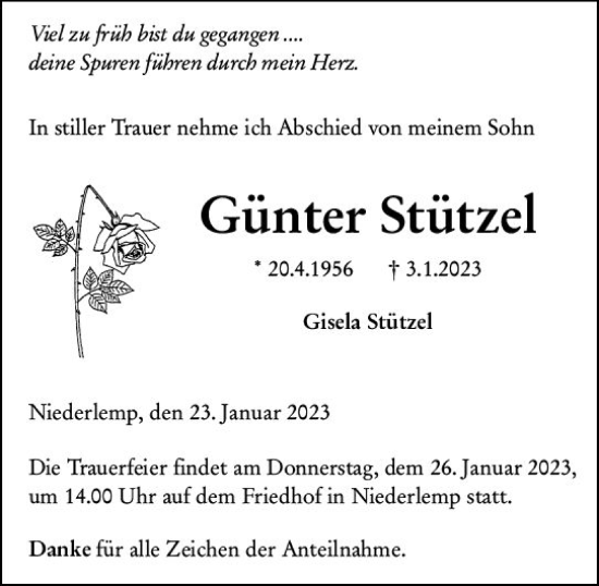 Traueranzeige von Günter Stützel von Wetzlarer Neue Zeitung