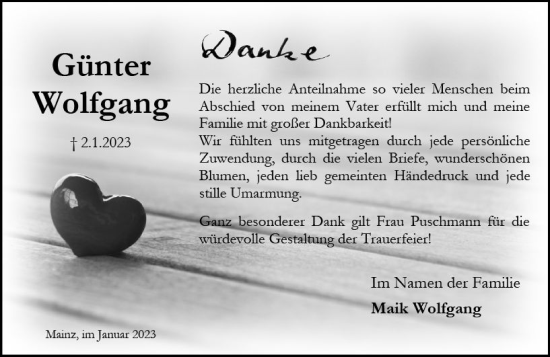 Traueranzeige von Günter Wolfgang von Allgemeine Zeitung Mainz