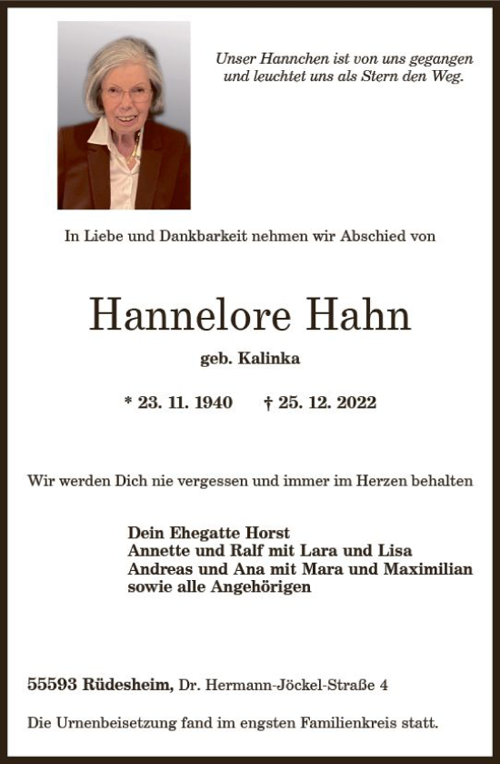 Traueranzeige von Hannelore Hahn von Allgemeine Zeitung Bad Kreuznach