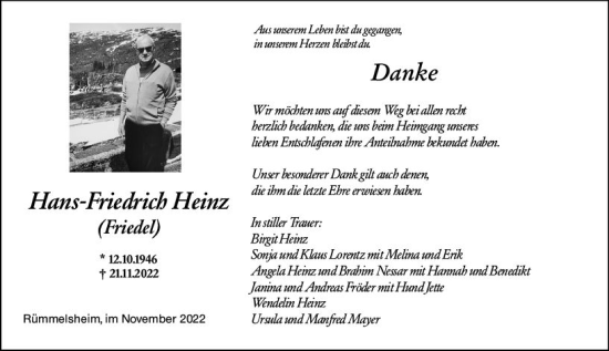 Traueranzeige von Hans-Friedrich Heinz von Allgemeine Zeitung Ingelheim-Bingen