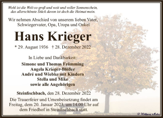 Traueranzeige von Hans Krieger von Camberger Anzeiger