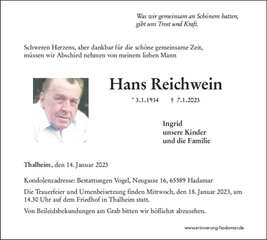 Traueranzeige von Hans Reichwein von Nassauische Neue Presse