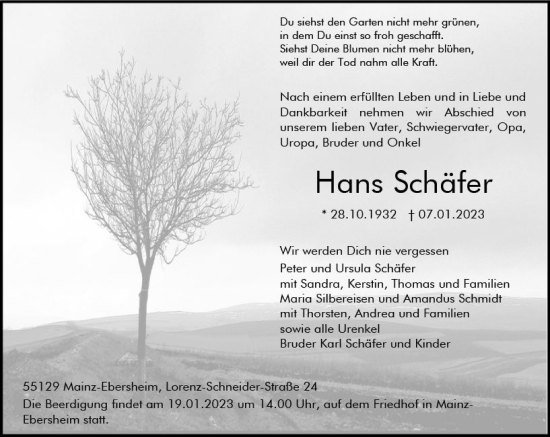 Traueranzeige von Hans Schäfer von Allgemeine Zeitung Mainz
