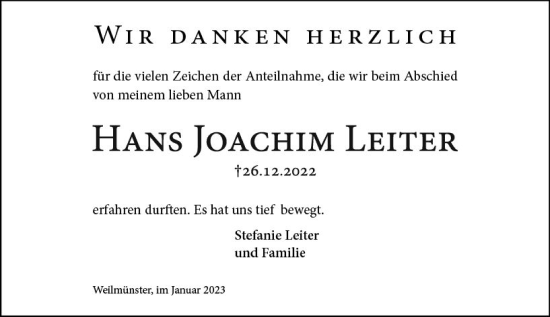 Traueranzeige von Hans Joachim Leiter von Weilburger Tageblatt