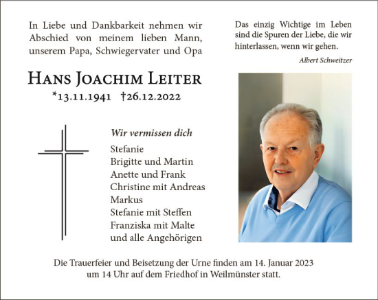Traueranzeige von Hans Joachim Leiter von Weilburger Tageblatt