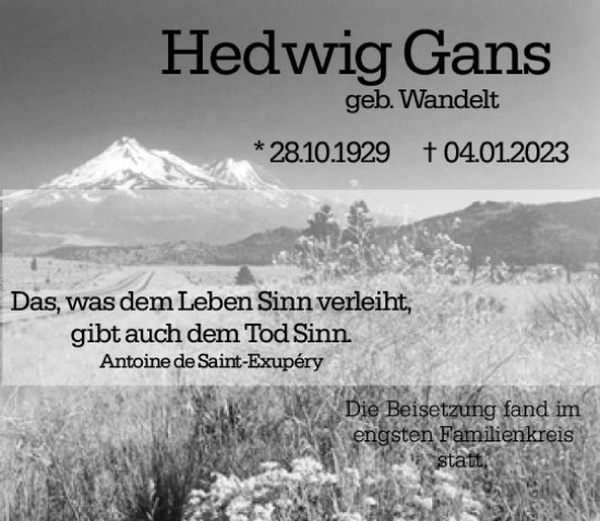 Traueranzeige von Hedwig Gans von Allgemeine Zeitung Mainz