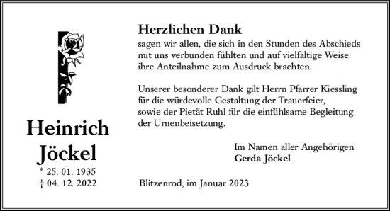 Traueranzeige von Heinrich Jöckel von OK Oberhessen Kurier