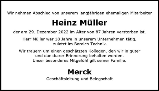 Traueranzeige von Heinz Müller von Darmstädter Echo