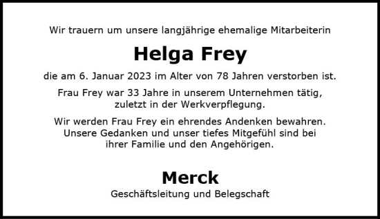 Traueranzeige von Helga Frey von Darmstädter Echo
