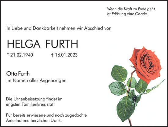 Traueranzeige von Helga Furth von Hochheimer Zeitung