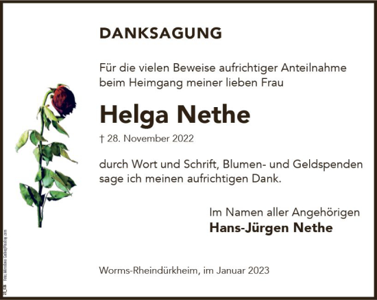 Traueranzeige von Helga Nethe von Wormser Zeitung